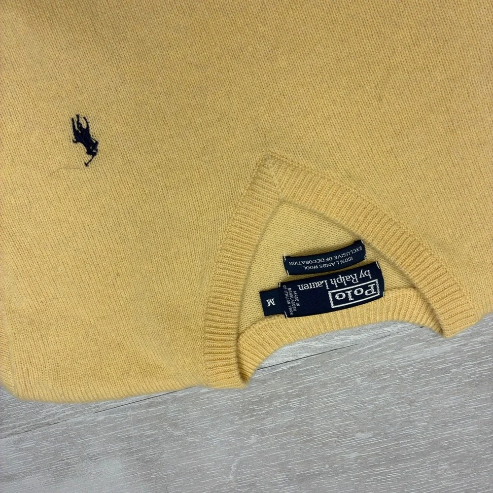 Polo Ralph Lauren V-Neck Sweater Mens Medium Yellow Lambswool Italian Yarn Pony